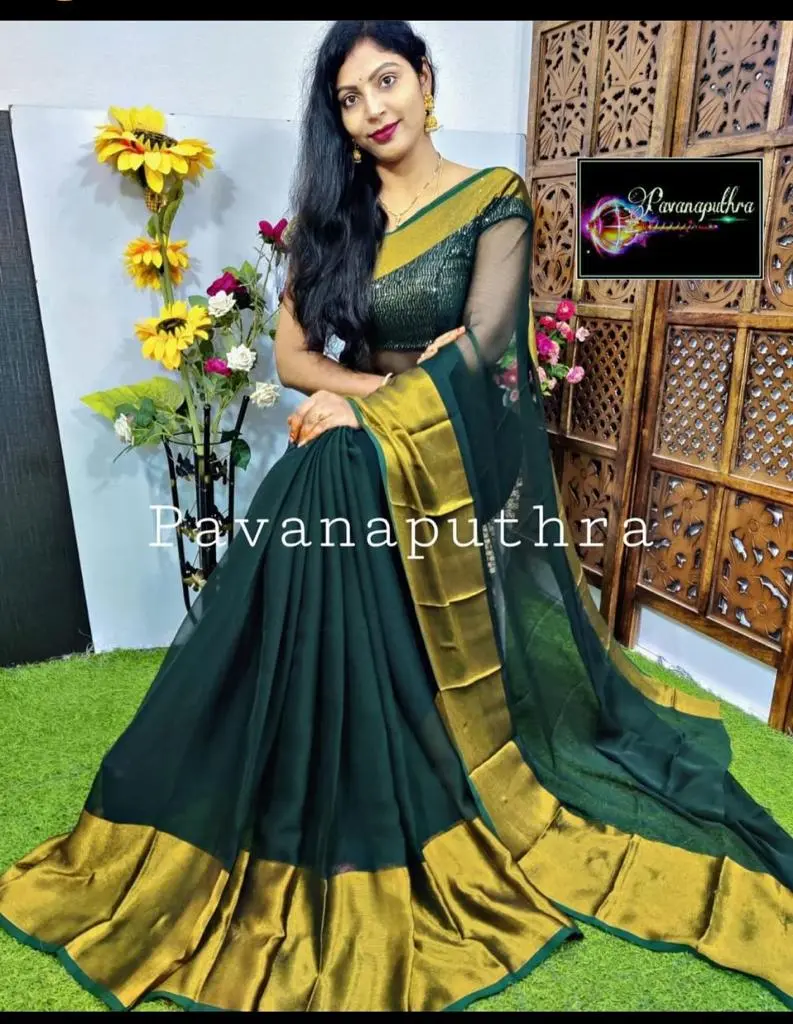 Chiffon Zari Green Saree