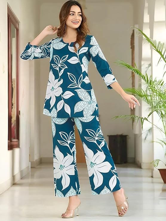 "Trendy women’s printed cotton co-ord set for casual and party wear – stylish & comfortable outfit"