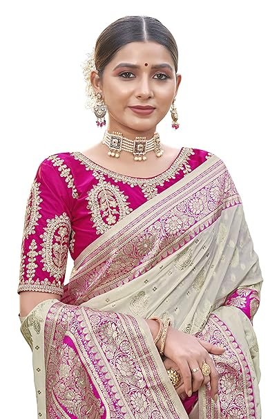 Easy drape cotton Jacquard saree with elaborate zari work - budget-friendly party wear saree with unstitched blouse included