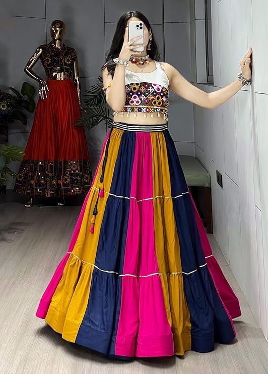 Traditional multi-color Gujarati style Gamthi chaniya choli with intricate mirror work for Garba.