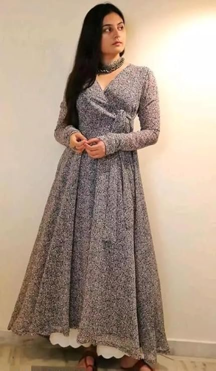 Lightweight floral maxi dress for women in tropical print, perfect for beach vacations and summer brunches-Georgette Floral Print Maxi Dress with V Neck 3/4 Sleeves Full Length | Maxi Dress for Woman