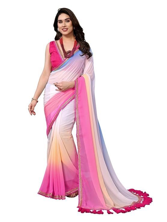 Beautiful ombre gradient georgette saree featuring a fancy lace border and elegant latkan tassels. Includes matching unstitched blouse piece for a complete party wear look.