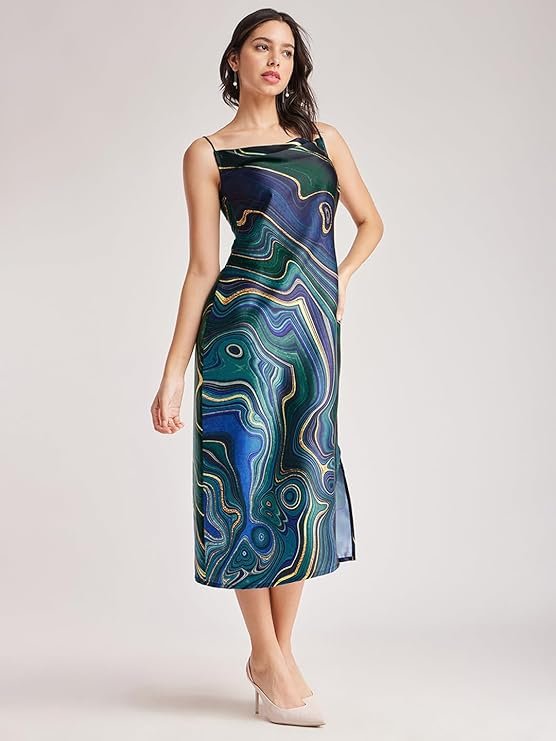 Elegant sleeveless black cocktail dress with lace trim, evening party wear for weddings and dates-Satin Cowl Neck Dress - Navy Blue