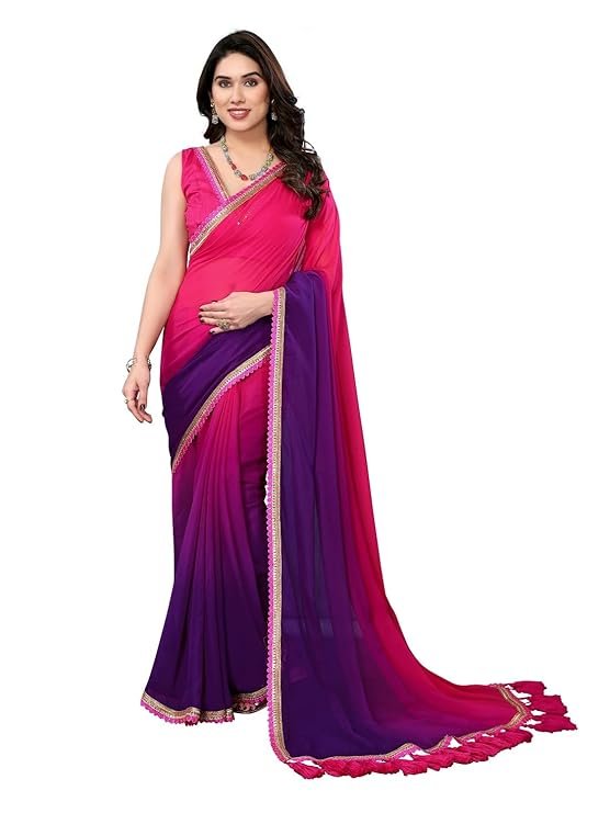 Beautiful ombre gradient georgette saree featuring a fancy lace border and elegant latkan tassels. Includes matching unstitched blouse piece for a complete party wear look.