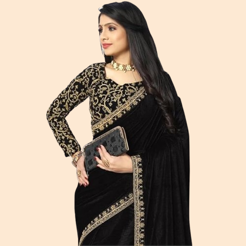 Women's Black Velvet Saree with Gold Embroidery and Blouse Piece – Elegant Party Wear