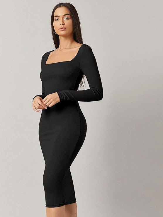 Cozy cream knitted sweater dress for fall-Solid Square Neck Solid Midi Bodycon Dress For Women's & Girl's warm turtleneck midi dress with ribbed detailing.