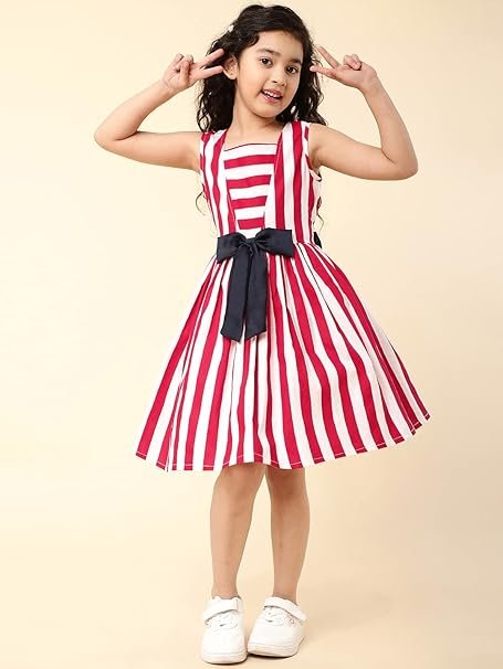 Pretty pink striped party dress for little girls with a flared skirt, perfect for birthdays.