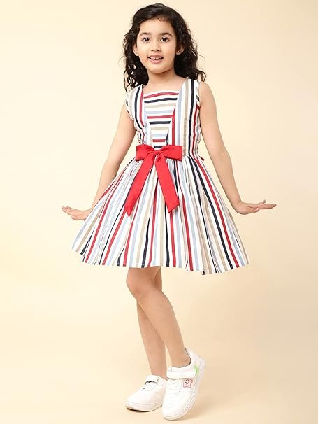 kids wedding wear- Colorful striped party dress for a little girl, featuring a rainbow of colours in a fit and flare style.