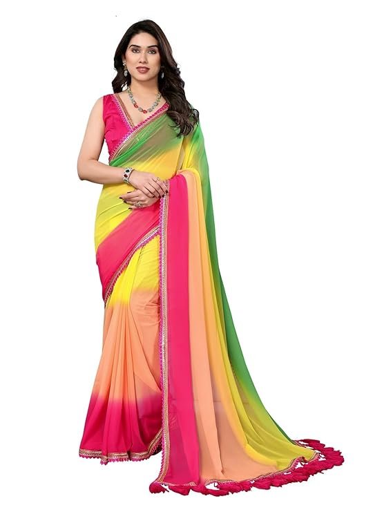 Beautiful ombre gradient georgette saree featuring a fancy lace border and elegant latkan tassels. Includes matching unstitched blouse piece for a complete party wear look.