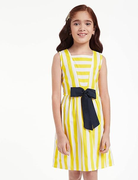 Bright yellow sleeveless party dress for a toddler girl, featuring a striped fit and flare design.