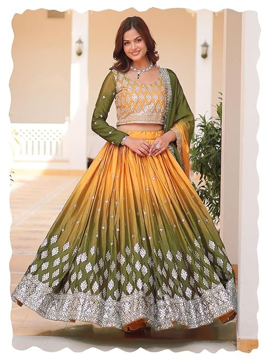 Mustard and Green dual tone embroidered lehenga choli for wedding guest, featuring sequin and thread work on a mehndi shaded skirt.
