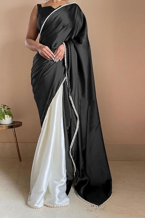 Luxurious satin silk plain saree for women - elegant solid drape for weddings and parties 1