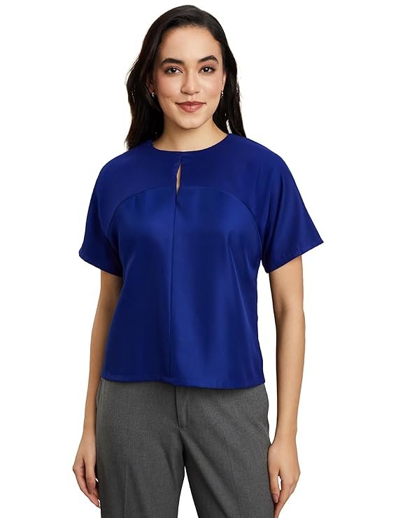 A royal blue desk-to-dinner crop top for women with a relaxed fit, half sleeves, and a round neck.