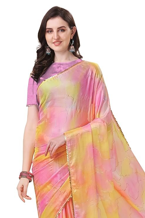 "Stylish Color Block Foil Printed Chiffon Saree with Matching Blouse Piece - Elegant Party Wear for Weddings & Festive Occasions"