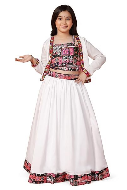 Handcrafted white cotton blend lehenga choli for Navratri, featuring intricate embroidery and a comfortable, flowy silhouette for graceful dancing.