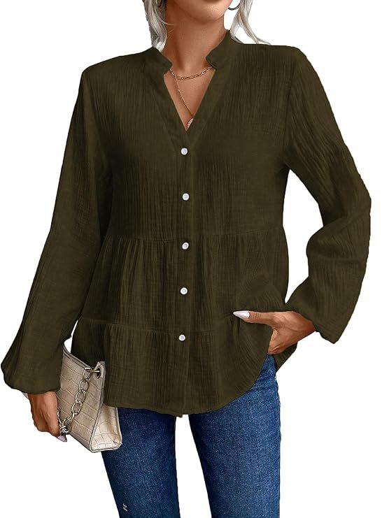 Army olive green long women's top, a trendy and earthy regular fit tunic shirt for a casual boho style.