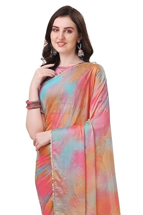 "Stylish Color Block Foil Printed Chiffon Saree with Matching Blouse Piece - Elegant Party Wear for Weddings & Festive Occasions"