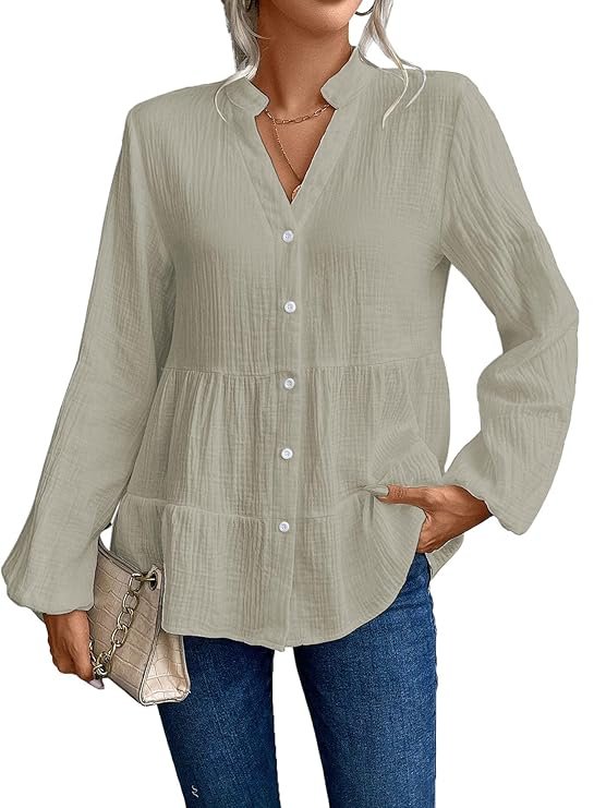Light cream beige long tunic for women, a neutral and soft regular fit top for a subtle and elegant outfit.