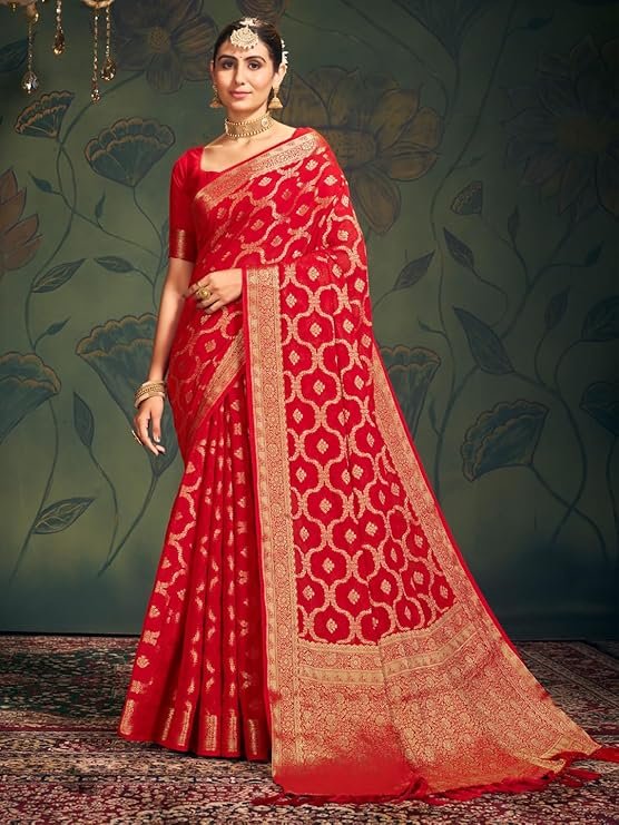 Elegant red Leheriya woven design georgette saree with complementary blouse fabric for wedding events