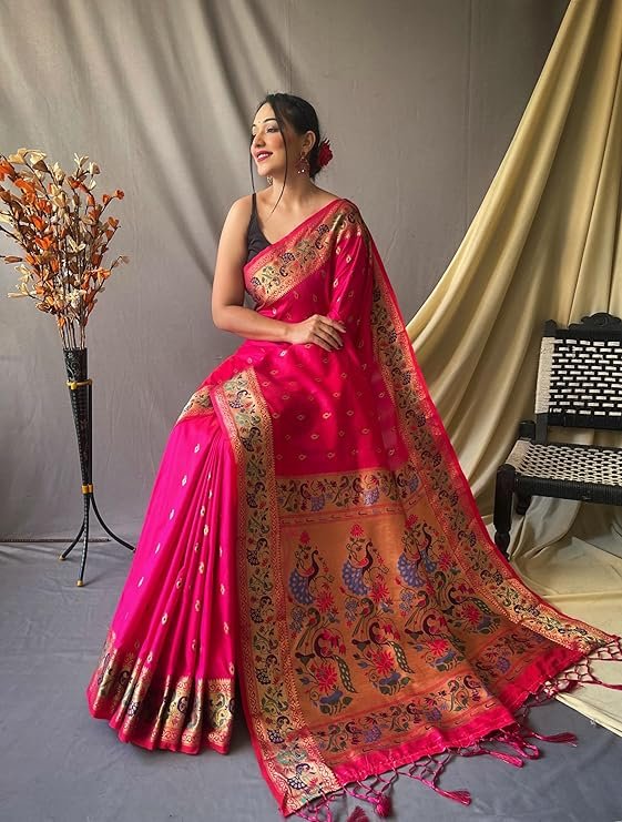 Elegant Women's Paithani Soft Lichi Silk Kanjivaram Saree in vibrant Orange with intricate peacock motifs and matching blouse piece – Perfect for parties.