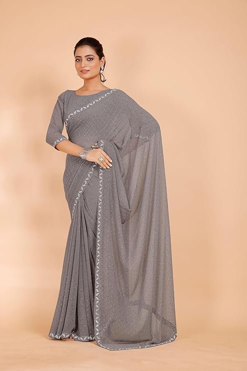 Grey solid color Georgette saree, perfect for festive occasions and daily use.
