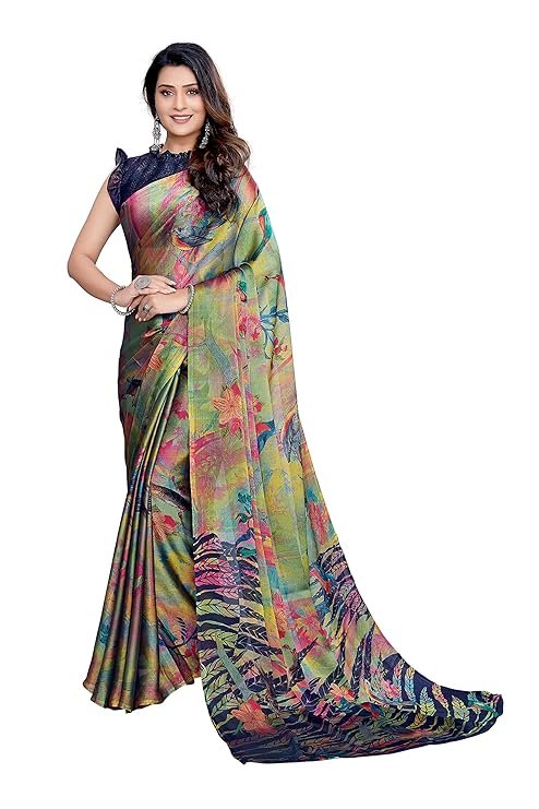 Chiffon saree close-up: intricate forest-style floral and chevron prints in multicolour on lightweight fabric.