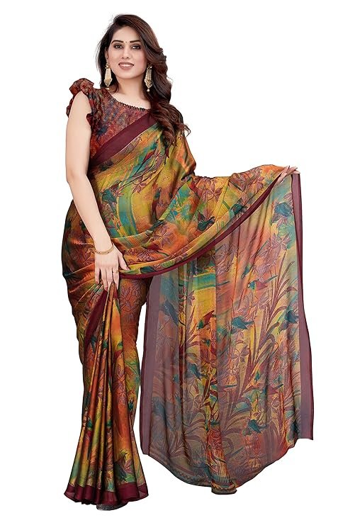 Chiffon saree close-up: intricate forest-style floral and chevron prints in multicolour on lightweight fabric.