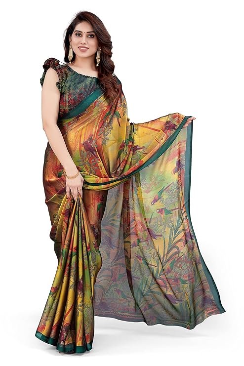 Chiffon saree close-up: intricate forest-style floral and chevron prints in multicolour on lightweight fabric.