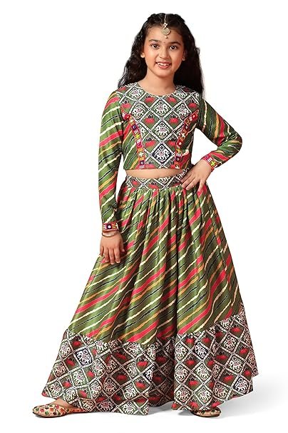 Vibrant green cotton mix Navratri lehenga choli, adorned with mirror work and zari detailing, perfect for traditional festival wear.