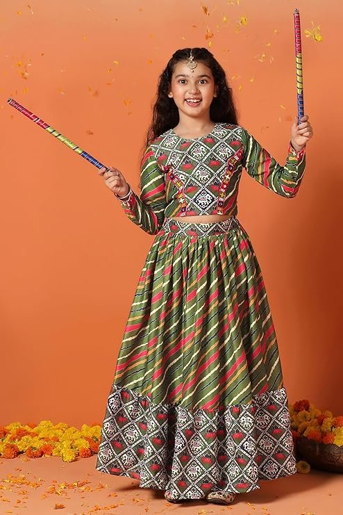 Vibrant green cotton mix Navratri lehenga choli, adorned with mirror work and zari detailing, perfect for traditional festival wear.