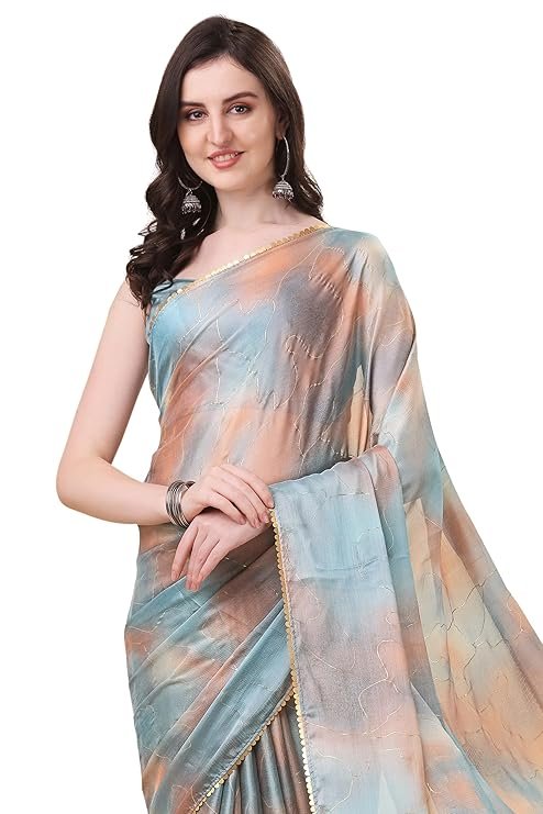 "Stylish Color Block Foil Printed Chiffon Saree with Matching Blouse Piece - Elegant Party Wear for Weddings & Festive Occasions"