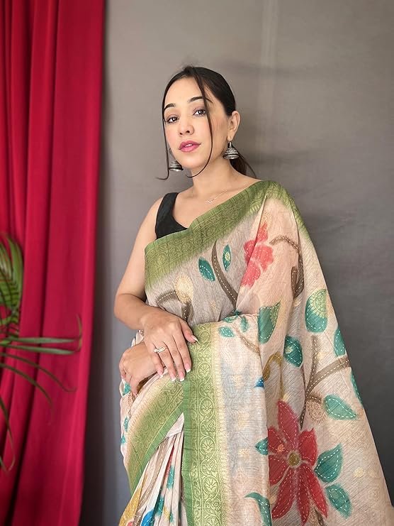 Women's Kanjivaram Cotton Linen Silk Saree with Kalamkari Print and Zari Border in Multi-Colour – Party Wear Saree with Blouse Piece