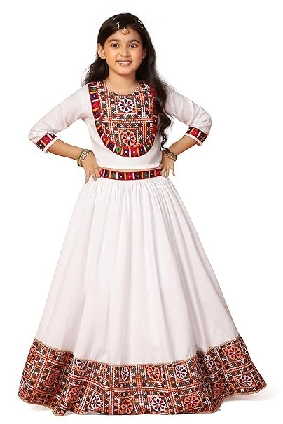 Handcrafted white cotton blend lehenga choli for Navratri, featuring intricate embroidery and a comfortable, flowy silhouette for graceful dancing.