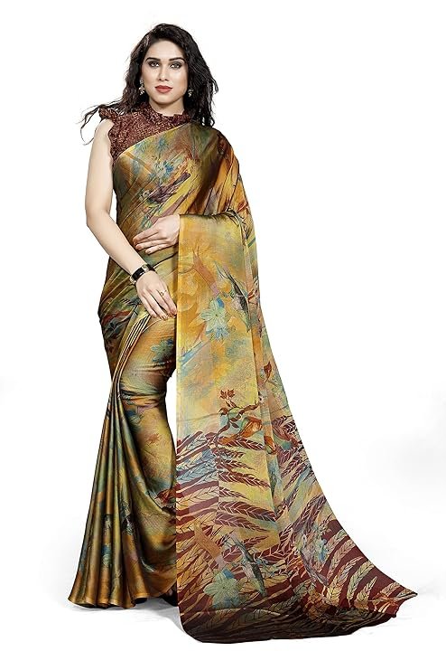 Chiffon saree close-up: intricate forest-style floral and chevron prints in multicolour on lightweight fabric.