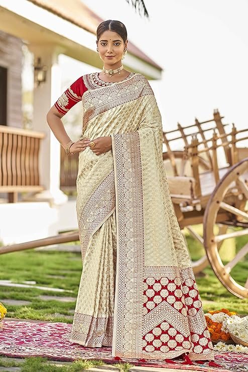 Easy drape cotton Jacquard saree with elaborate zari work - budget-friendly party wear saree with unstitched blouse included