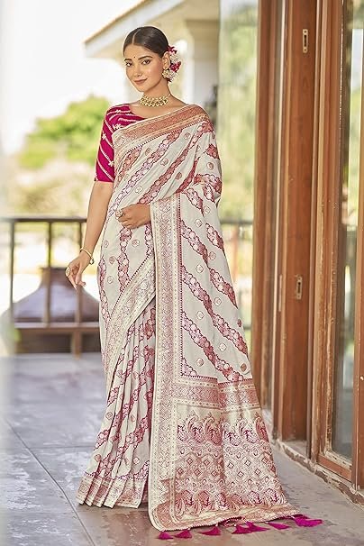 Easy drape cotton Jacquard saree with elaborate zari work - budget-friendly party wear saree with unstitched blouse included