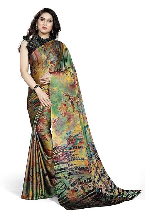 Chiffon saree close-up: intricate forest-style floral and chevron prints in multicolour on lightweight fabric.