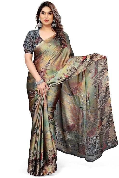 Chiffon saree close-up: intricate forest-style floral and chevron prints in multicolour on lightweight fabric.