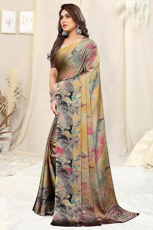 Chiffon saree close-up: intricate forest-style floral and chevron prints in multicolour on lightweight fabric.