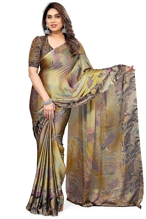 Chiffon saree close-up: intricate forest-style floral and chevron prints in multicolour on lightweight fabric.