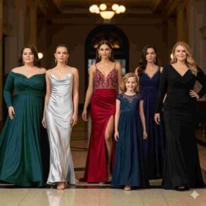 Elegant women of diverse body types and a young girl in beautiful evening gowns, including green, silver, red, and black dresses, standing in a grand hall, showcasing flattering styles for various figures.
