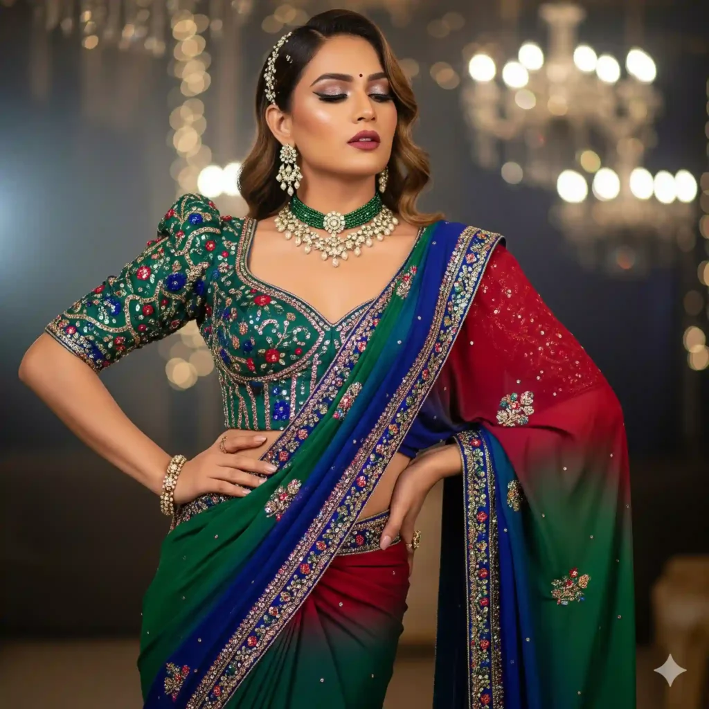 A beautiful Indian woman in a vibrant green, blue, and red party wear saree with intricate embroidery and a stylish green embroidered blouse, accessorized with traditional Indian jewelry, posing elegantly against a bokeh background.