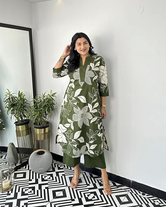 A woman smiling, wearing an elegant floral print long kurti with leggings.
