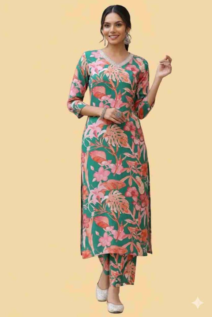 A beautiful woman in a stunning green rayon blend kurta with a vibrant pink floral and leaf print, paired with matching palazzo pants. The kurta features a V-neckline with a delicate lace trim, three-quarter sleeves, and side slits. She is wearing silver bangles and rings, and her hair is tied back in a neat bun. She is smiling and posing with her hand gracefully held up. The background is a simple, plain beige