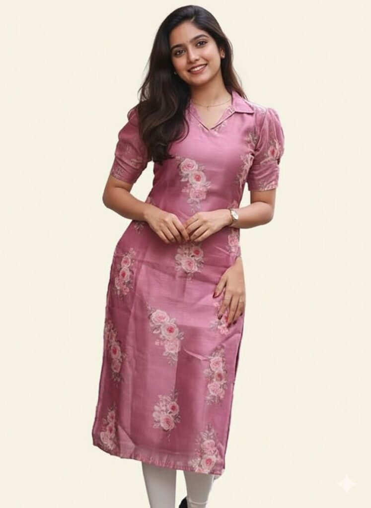 A young woman wearing a pink chanderi kurti with a floral pattern, styled with leggings, standing against a cream background. The kurti has puff sleeves and a v-neck collar.
