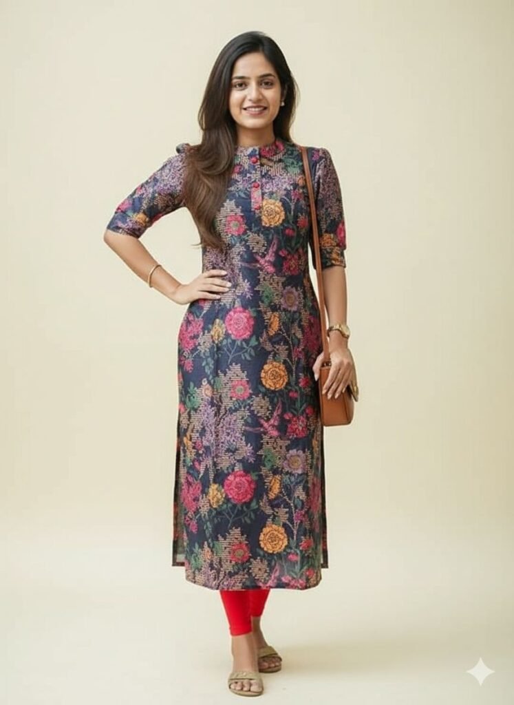 A woman wearing a dark blue Chanderi kurti with a colorful floral print, posing with a brown purse over her shoulder. The kurta has half-length puff sleeves, a collar neckline, and side slits. She is wearing red leggings and open-toed sandals.