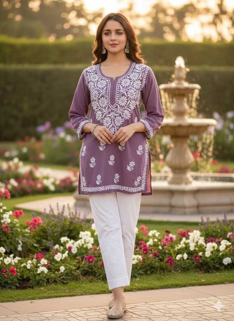 A beautiful woman stands in a garden wearing a stylish purple rayon kurti with intricate white neck embroidery and comfortable white pants, perfect for casual office or everyday comfort.