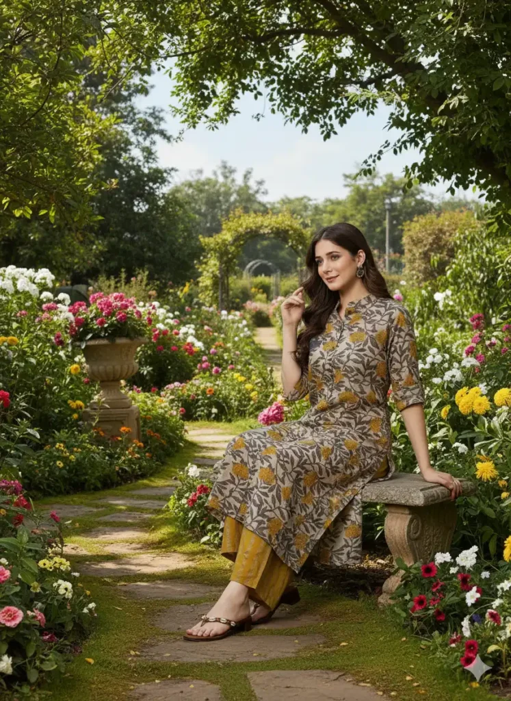 Styling a neutral-colored long kurti as a tunic with white jeans for a casual look.