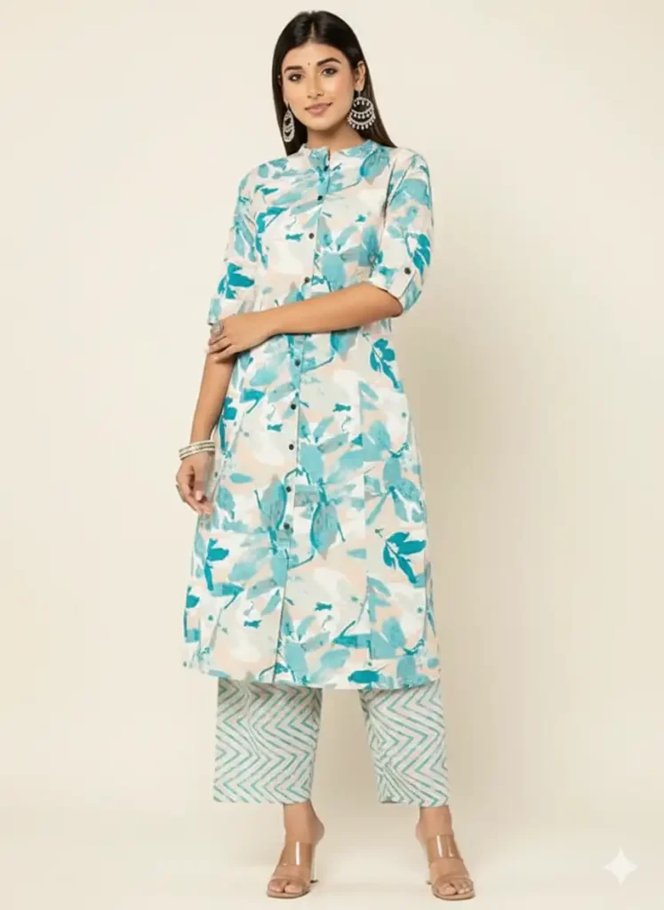 Woman wearing a stylish white, blue, and peach floral print cotton blend straight kurta with matching blue geometric print pants. The kurta features a mandarin collar and a buttoned placket. She completes the look with statement earrings and clear heels