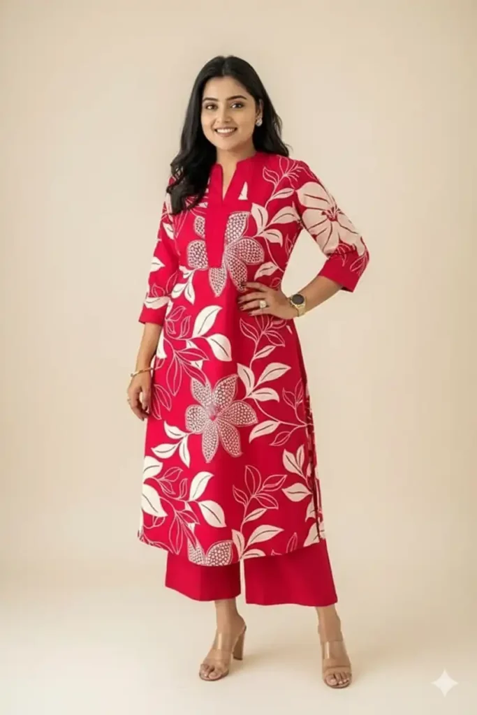 A woman poses in a bright rani (hot pink) colored pure cotton printed straight kurta and palazzo set. The kurta is decorated with a beautiful off-white floral and leaf pattern. She holds a small gold clutch and smiles.